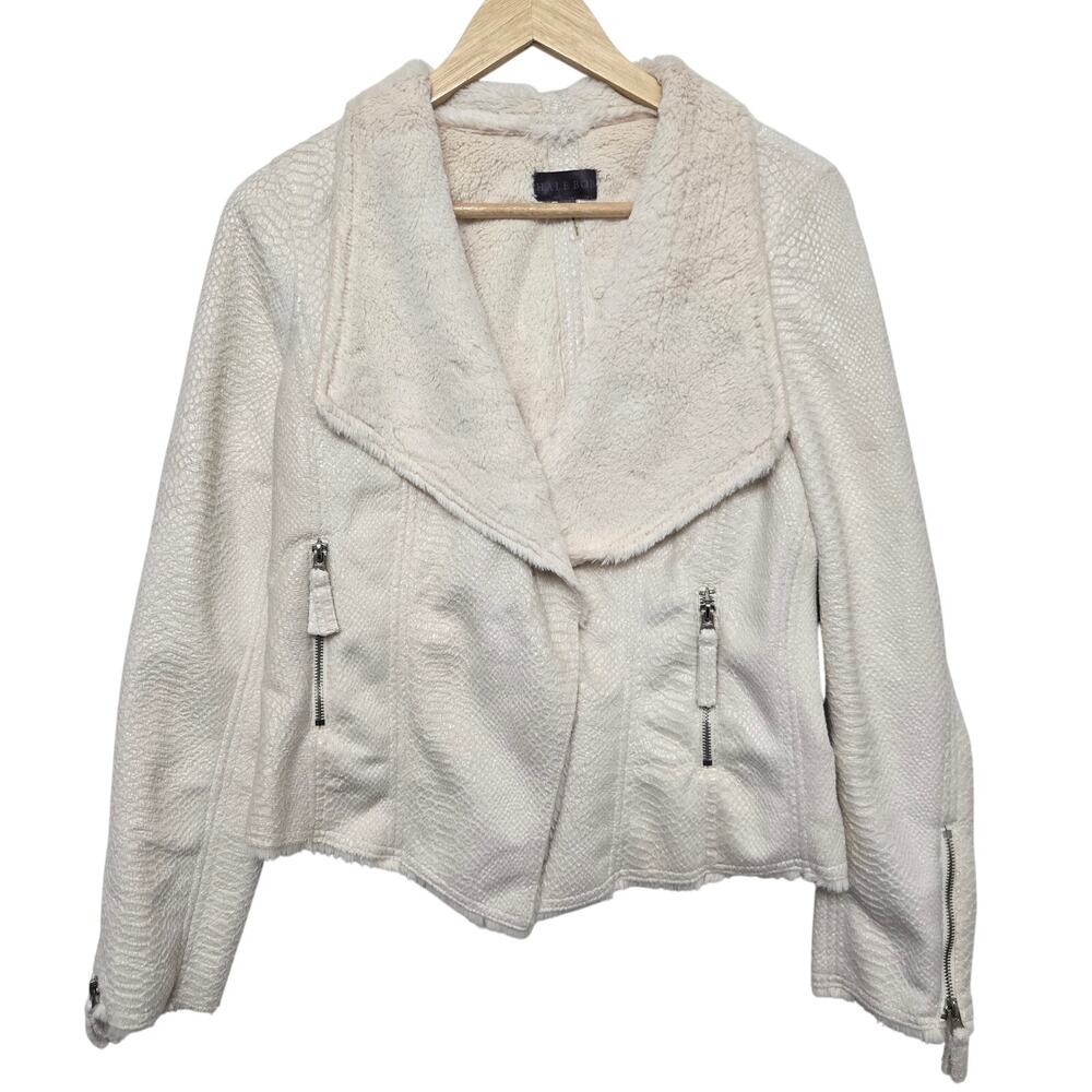 Hale Bob Women Y2K Ivory Textured Faux Snake Skin Shearling Lined Moto Jacket M